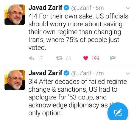 ظريف: علي الاميركيين ان يفكروا بالحفاظ علي نظامهم بدلا من تغيير الحكم في ايران